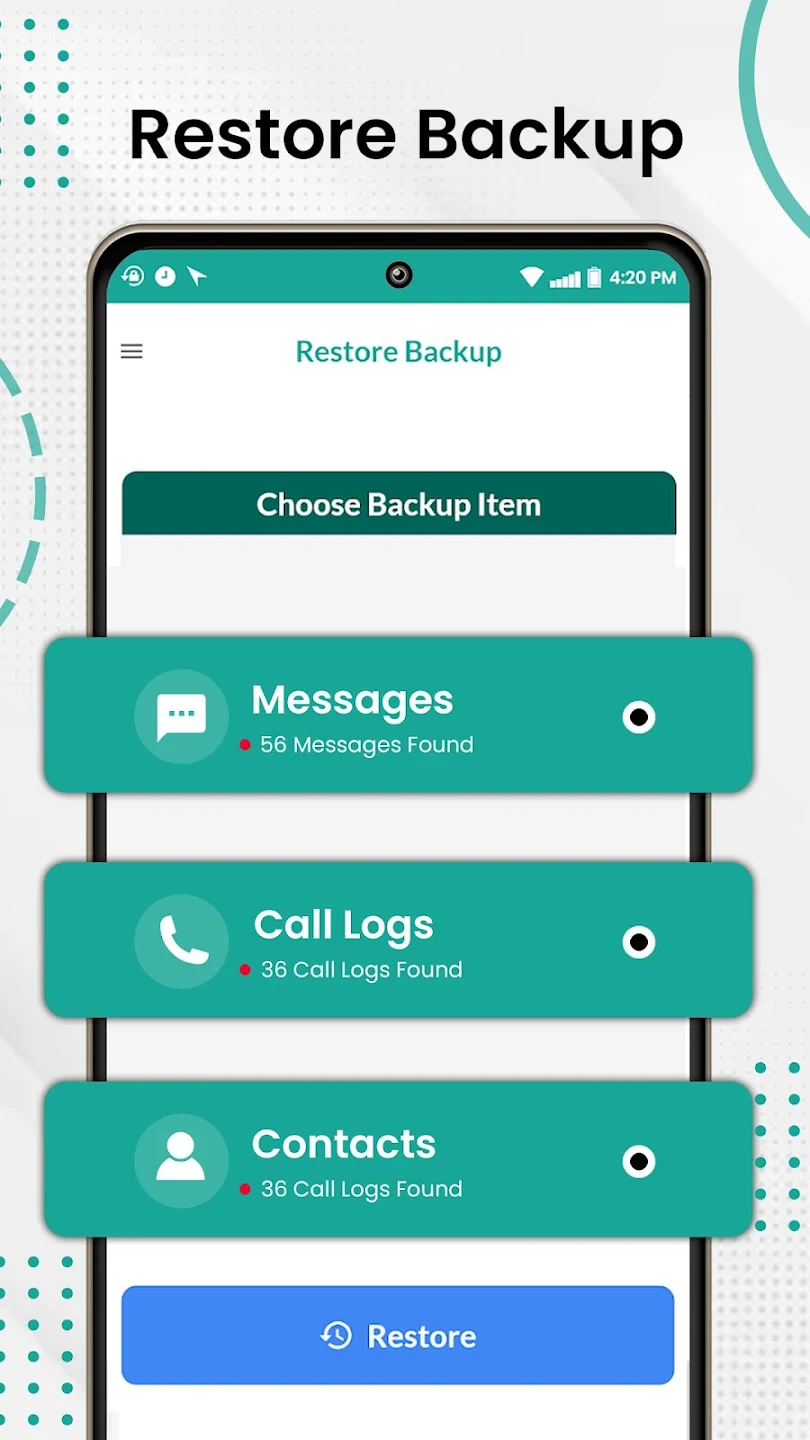 Message backup app showing SMS, call log, and contact restore options